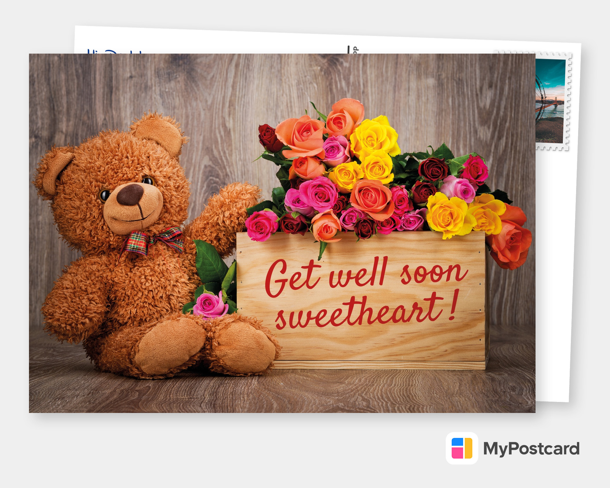 Get Well Soon Cute Teddy With Flower Of Bunch Greetings Card